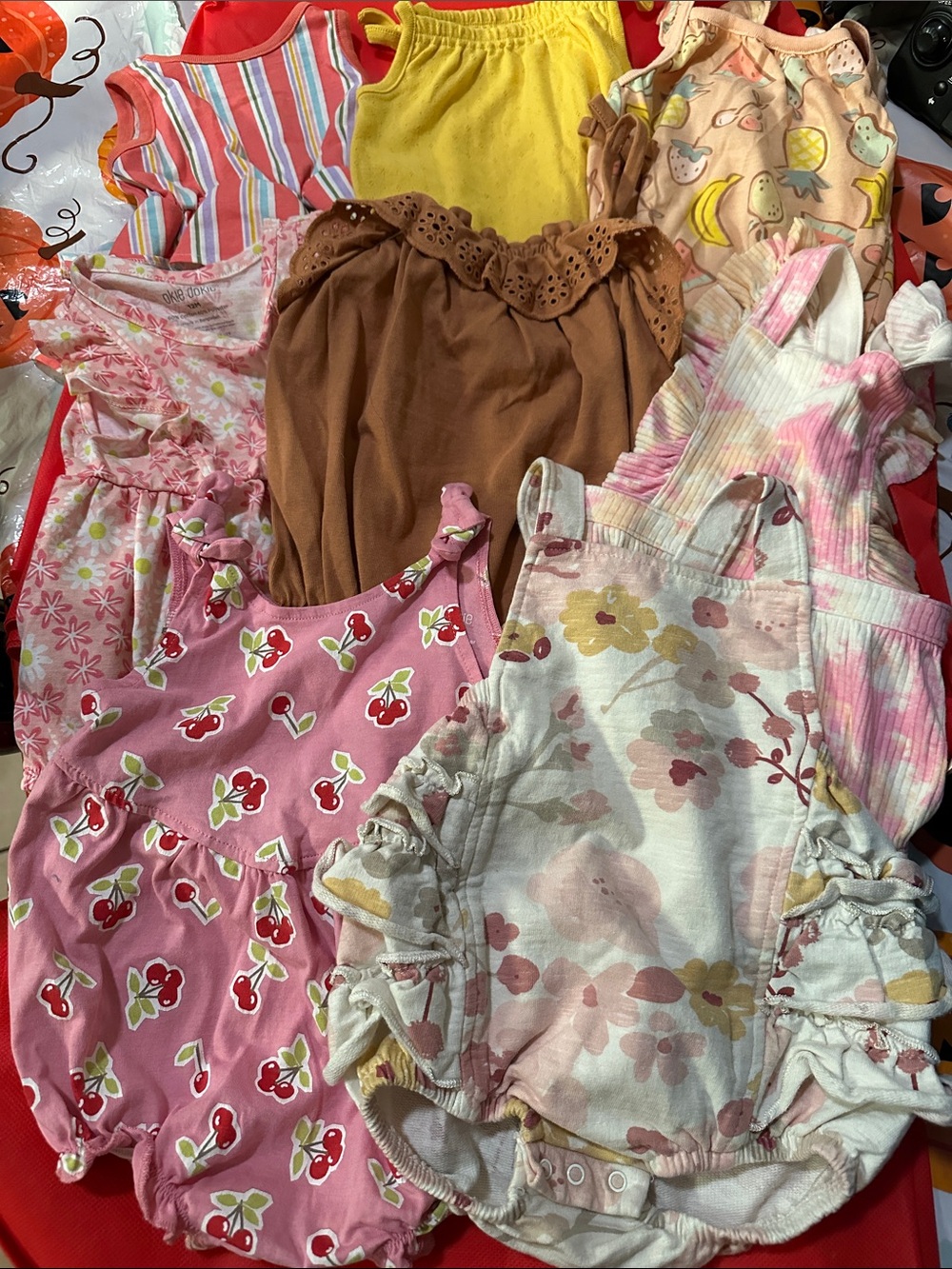 8 Pair Girls' Mixed Pink and Brown Floral & Cherry Romper Set